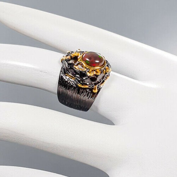 Artisan Black Opal Sterling & 14 kt Gold Ring - Picture 6 of 9